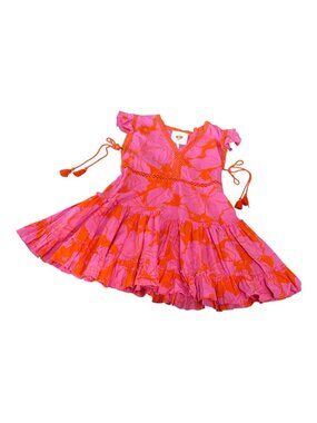 Z&L Europe Pink Orange Floral Babydoll Eyelet Trim Dress Medium V neck Tiered